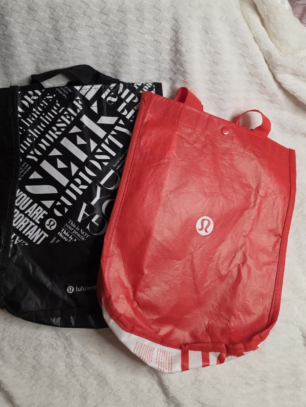 2x Lululemon Reusable Shopping Bag Tote Black & Red Logo Everyday Carryall